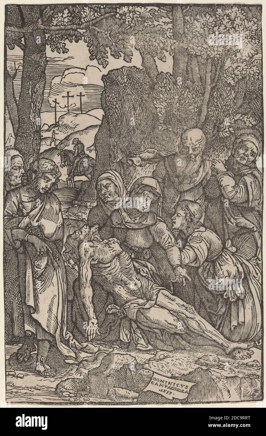 Domenico Campagnola, (artist), Venetian, before 1500 - 1564, Lamentation of Christ, 1517, woodcut, sheet (trimmed to image): 28 x 18 cm (11 x 7 1/16 in Stock Photo