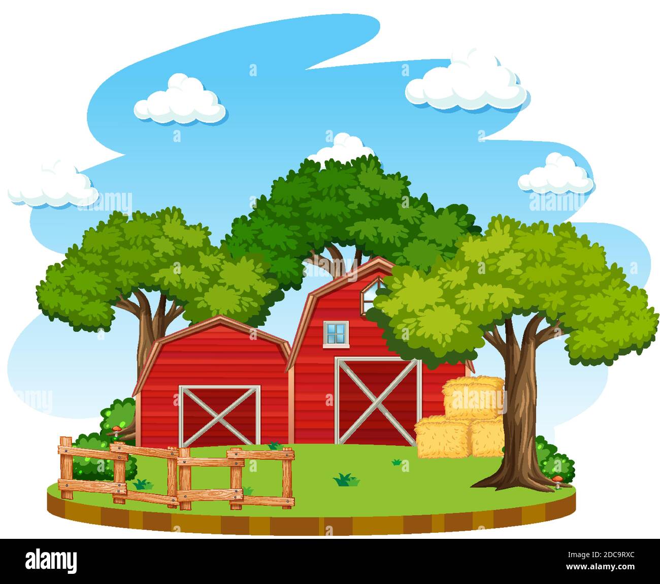 Farm with red barn and windmill on white background illustration Stock Vector