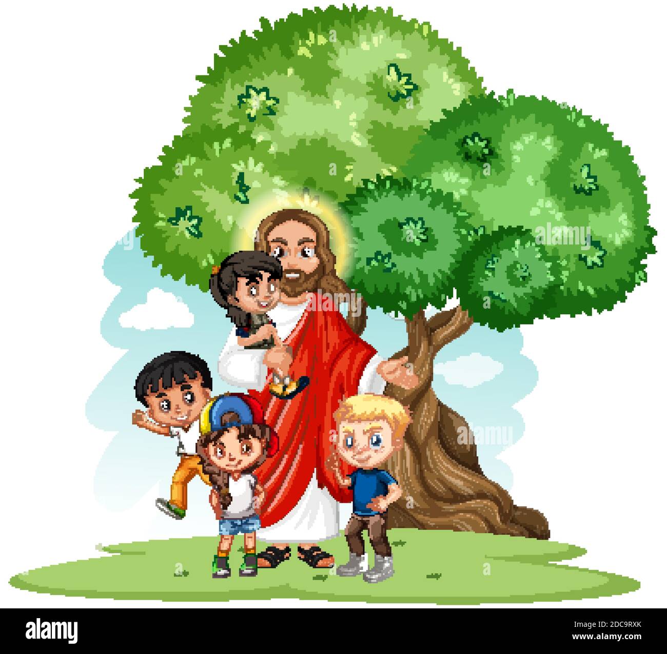 Jesus with a children group cartoon character illustration Stock ...
