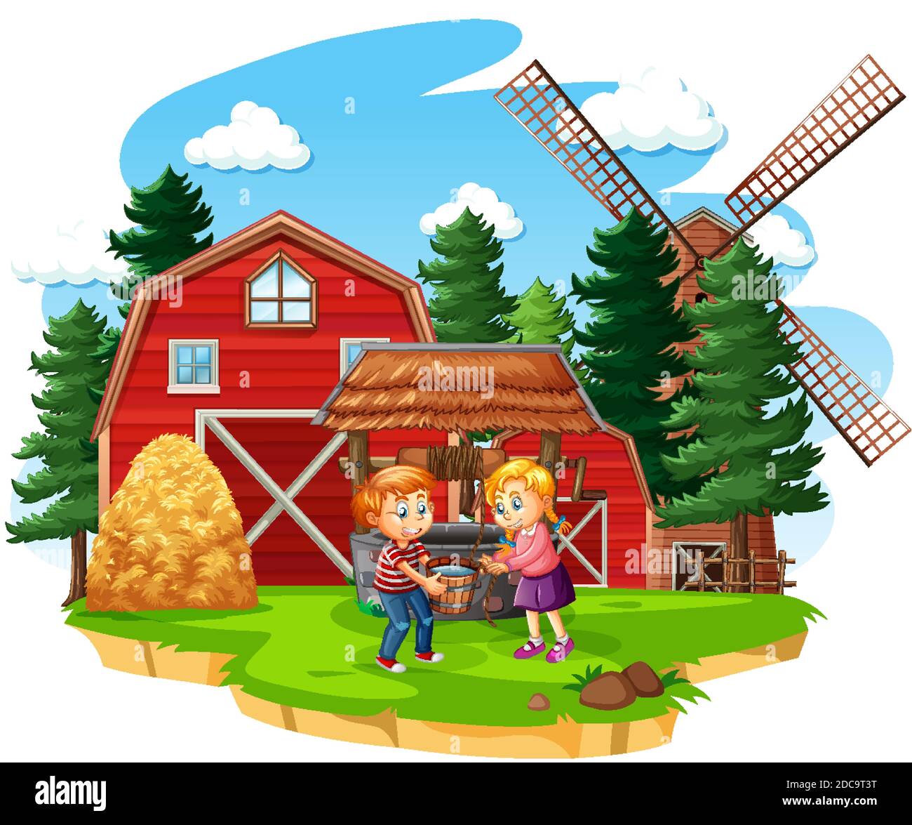 Farm with red barn and windmill on white background illustration Stock Vector