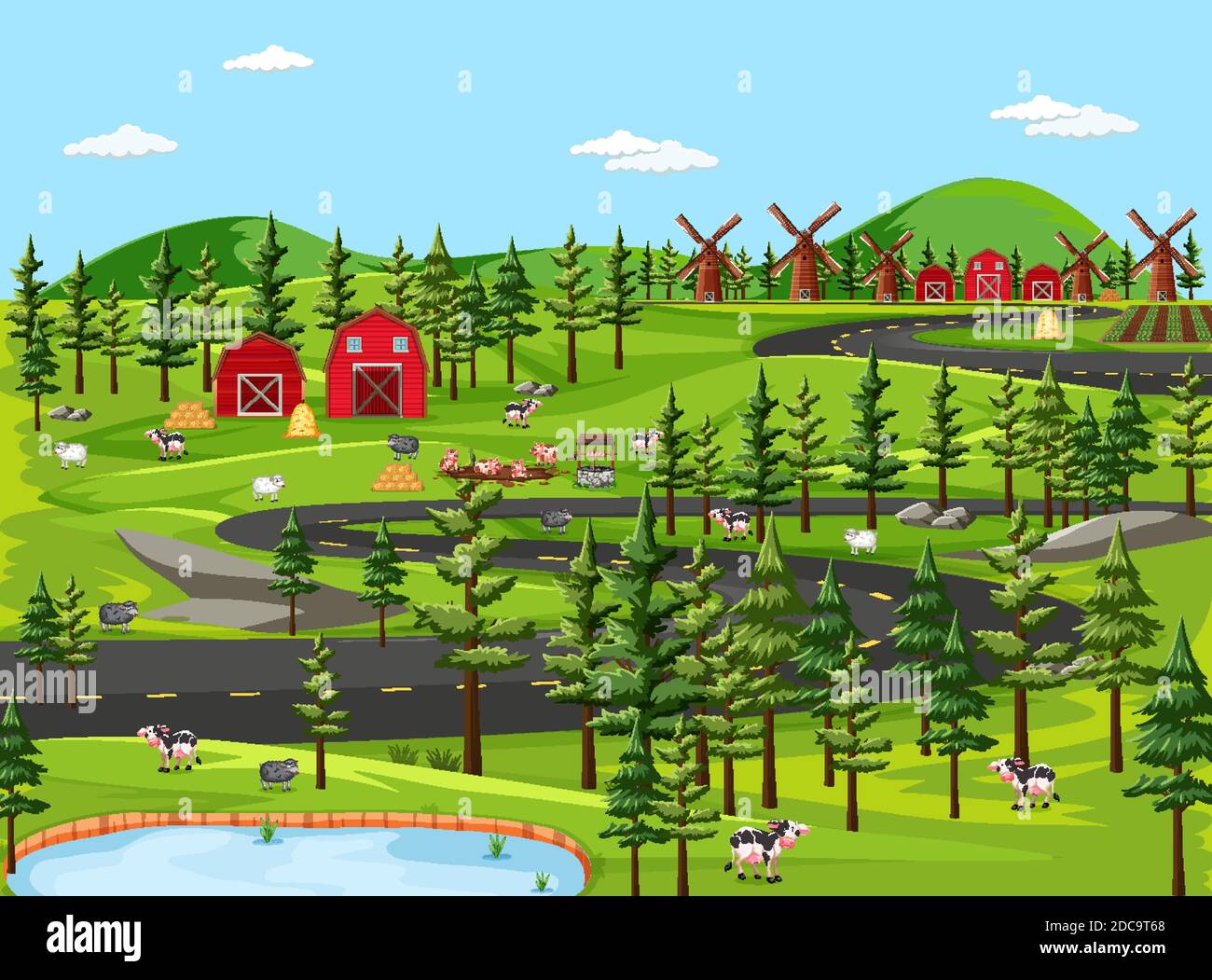 Farm nature with barns landscape scene illustration Stock Vector Image ...
