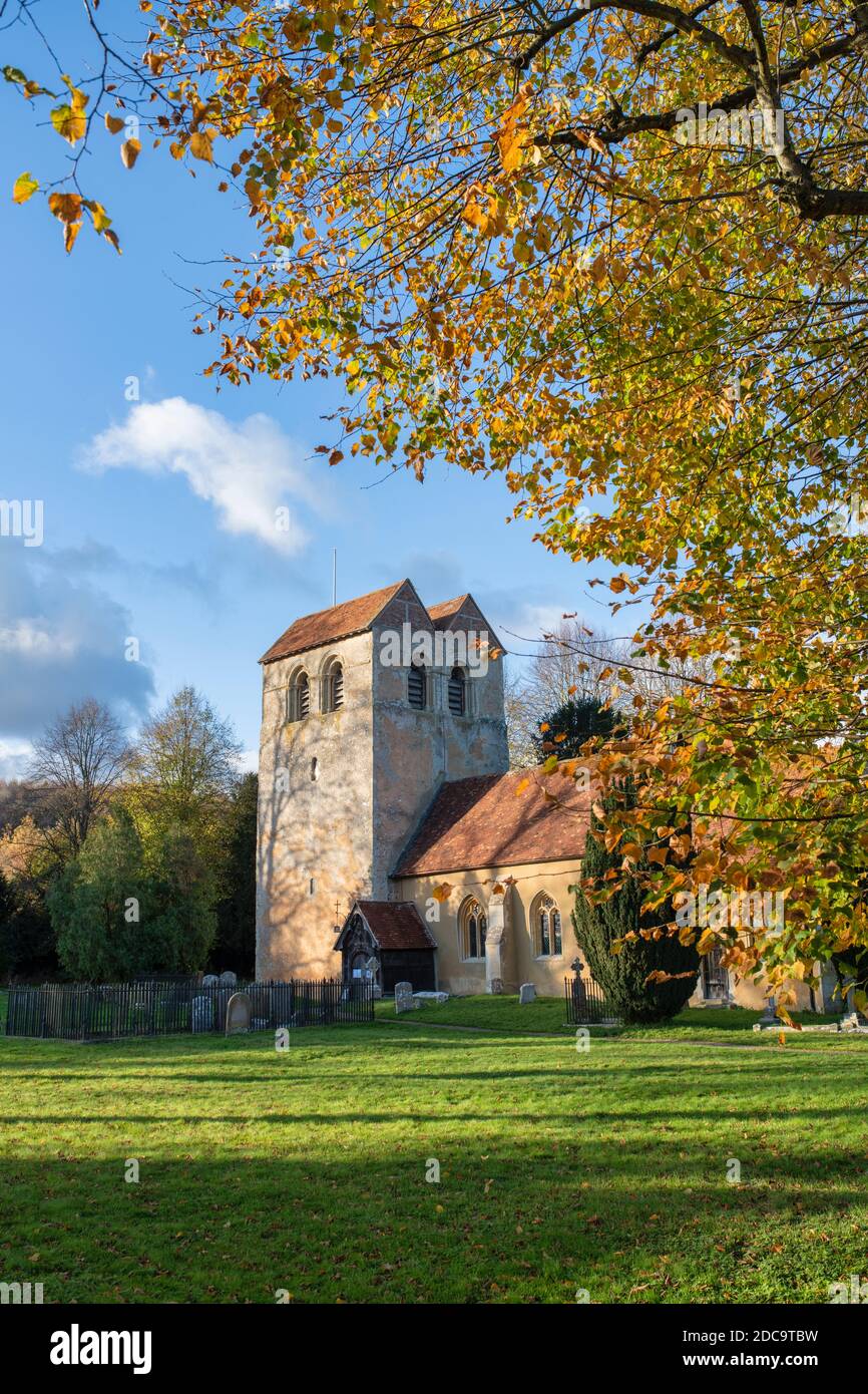 St Bartholomew church in the autumn late afternoon light just before sunset. Fingest, Buckinghamshire, England Stock Photo