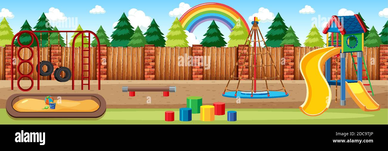 Kids playground in the park with rainbow in the sky at daytime cartoon ...