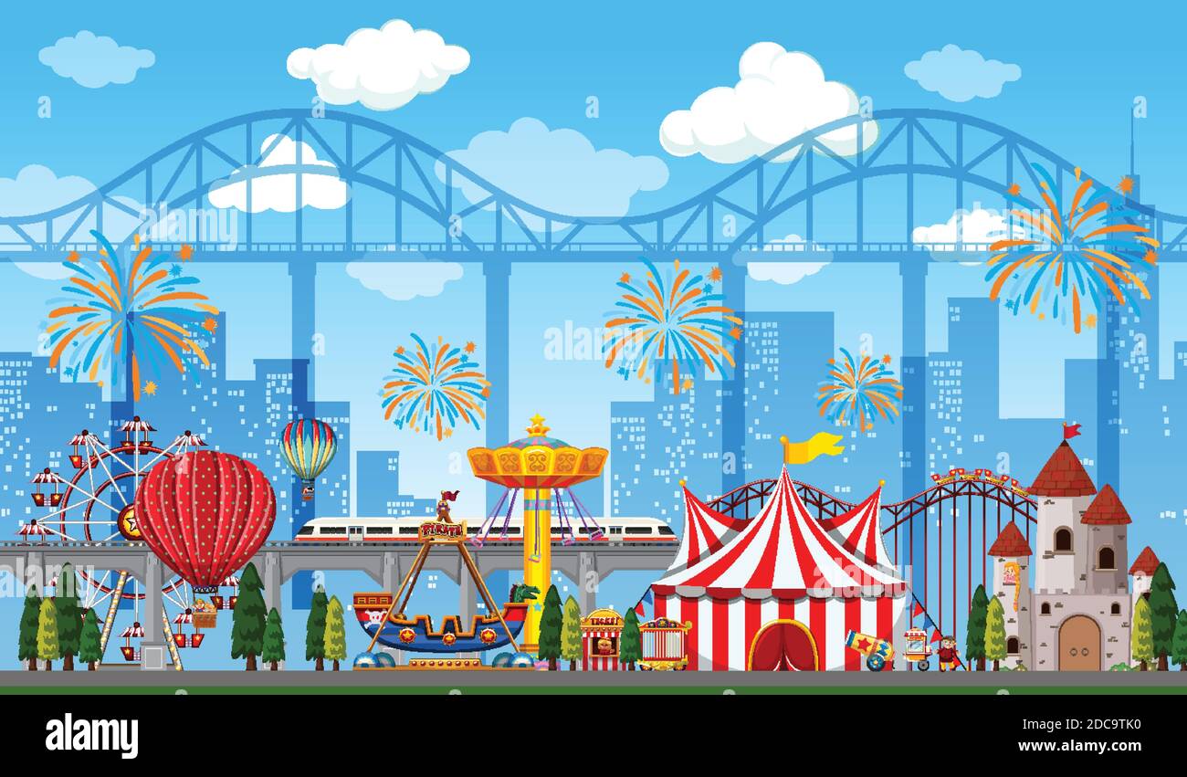 Amusement park scene at daytime with fireworks in the sky illustration ...