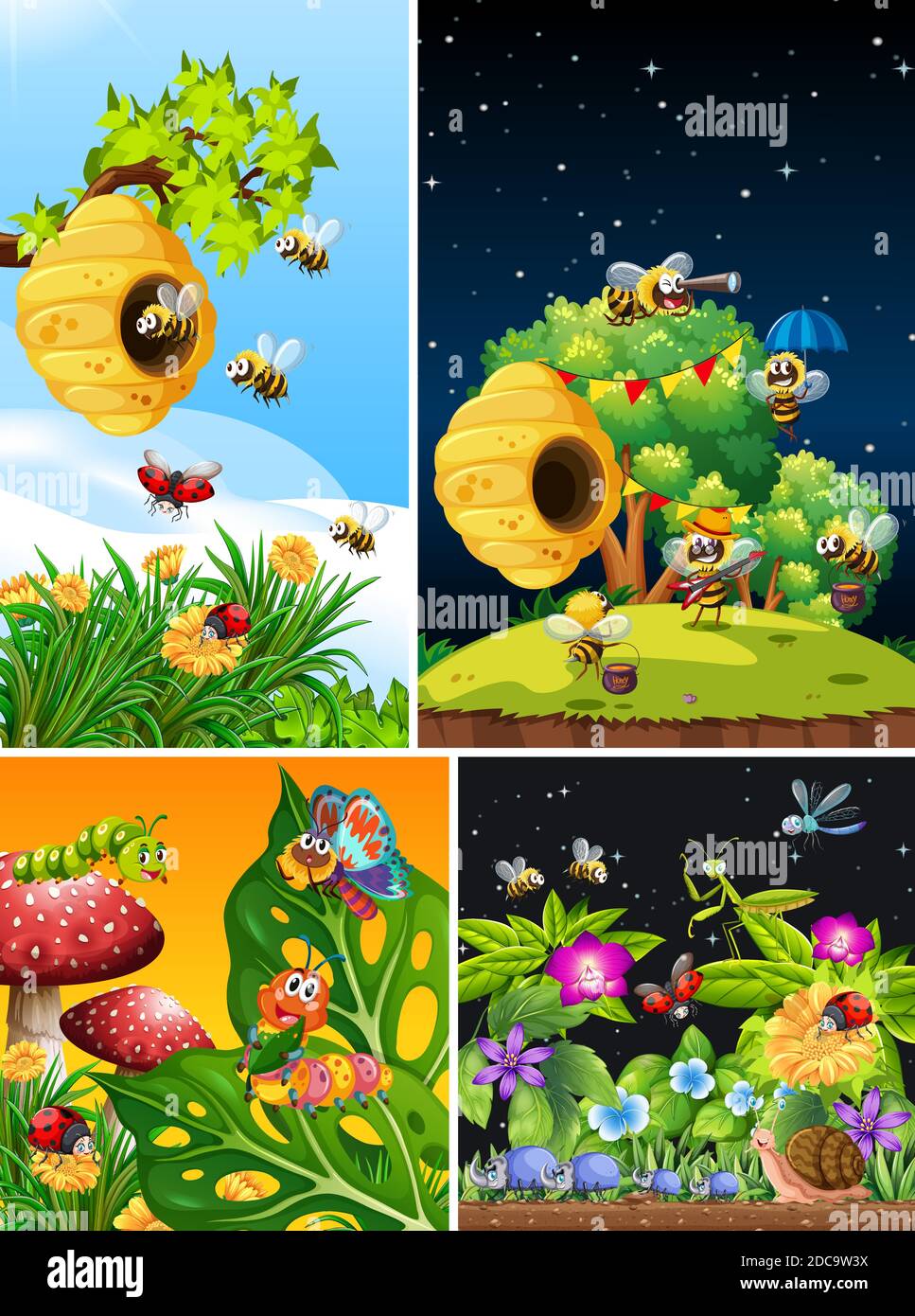 Set of different insects living in the garden background illustration ...