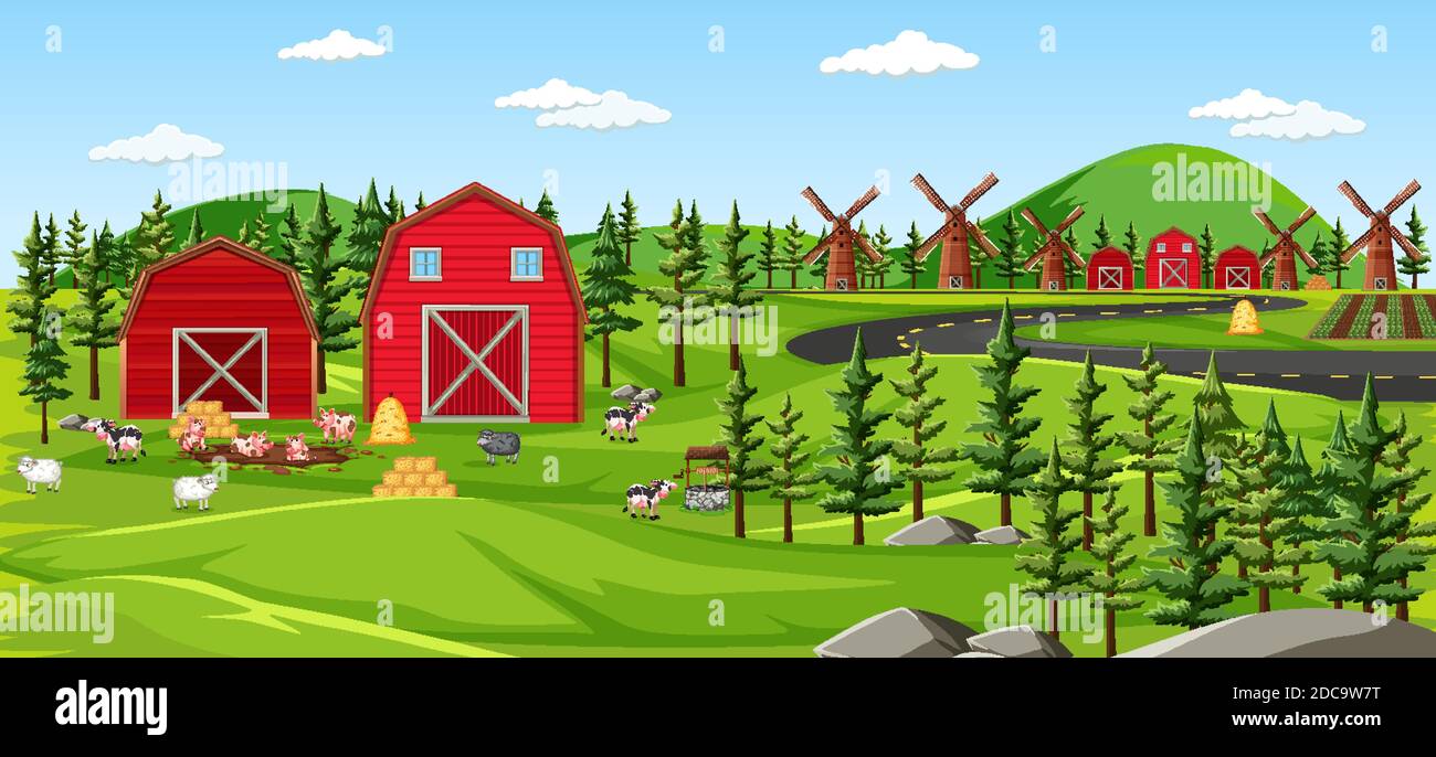 Farm nature with barns landscape scene illustration Stock Vector Image ...