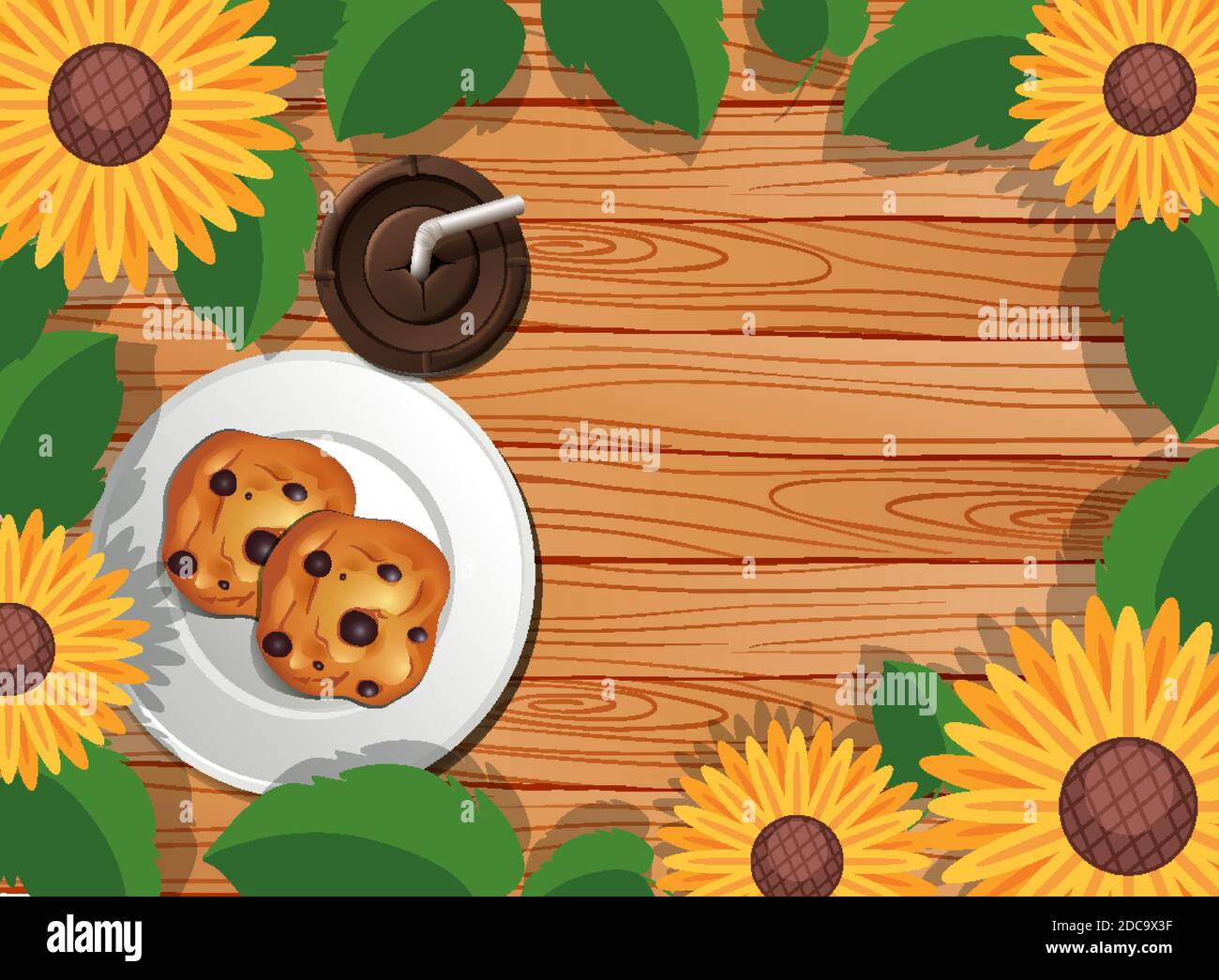 Top view of wooden table with dessert and iced coffee and leaves and