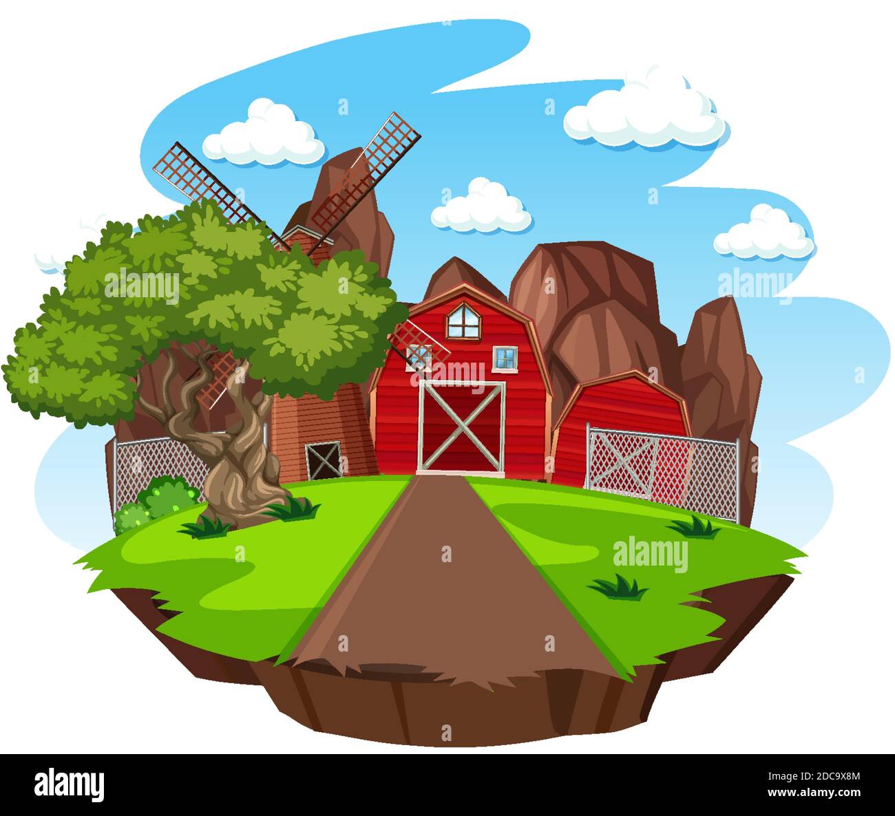 Farm with red barn and windmill on white background illustration Stock ...