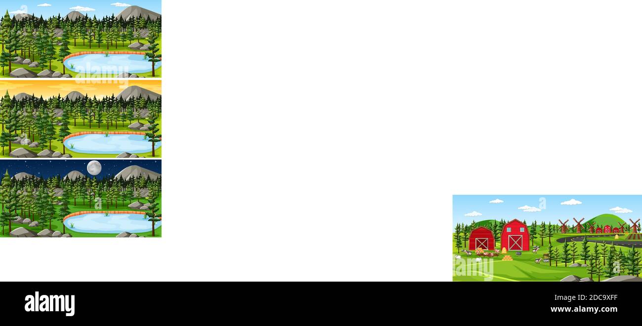 Nature landscape scene at different times of day illustration Stock ...
