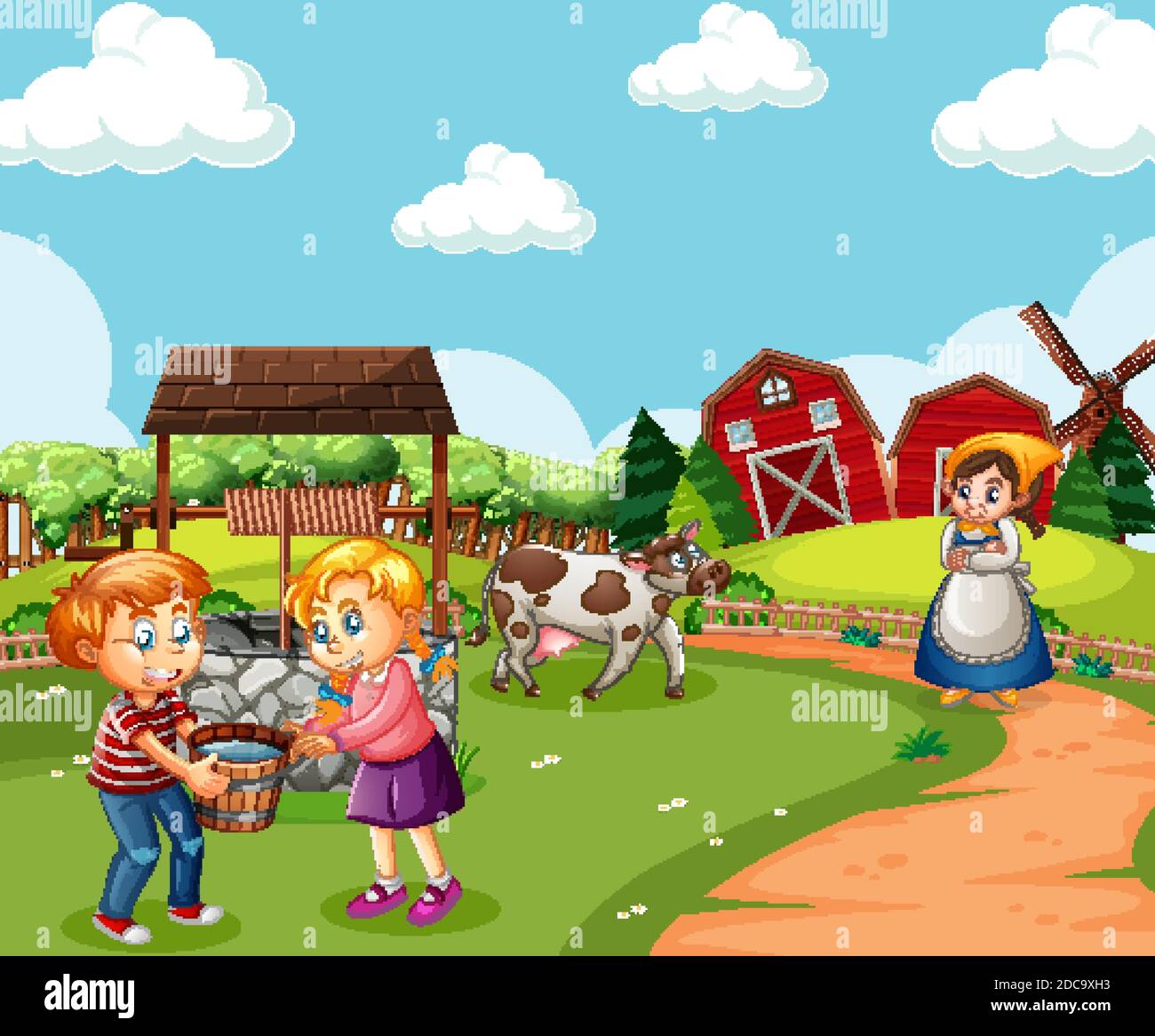Farm with red barn and windmill scene illustration Stock Vector