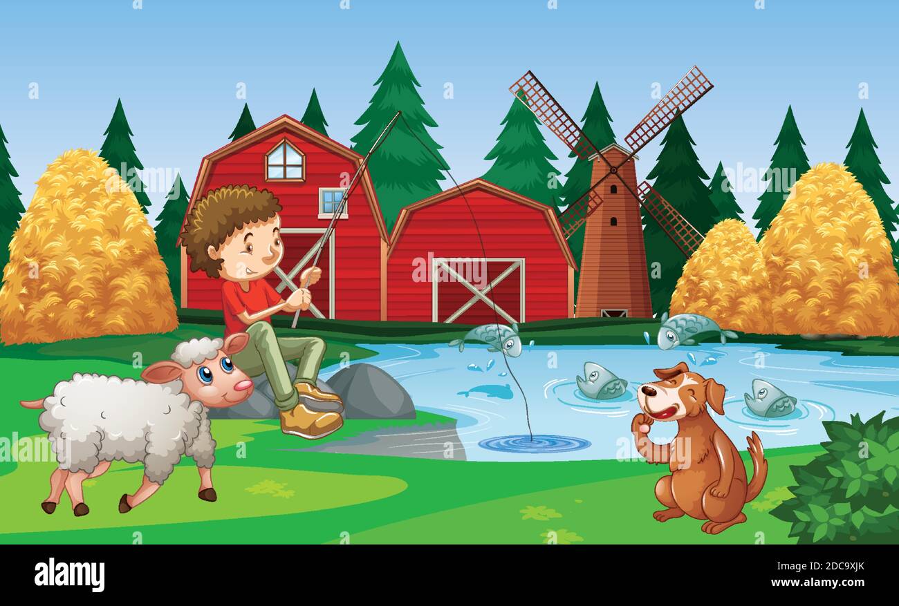 Farm with red barn and windmill scene illustration Stock Vector Image ...