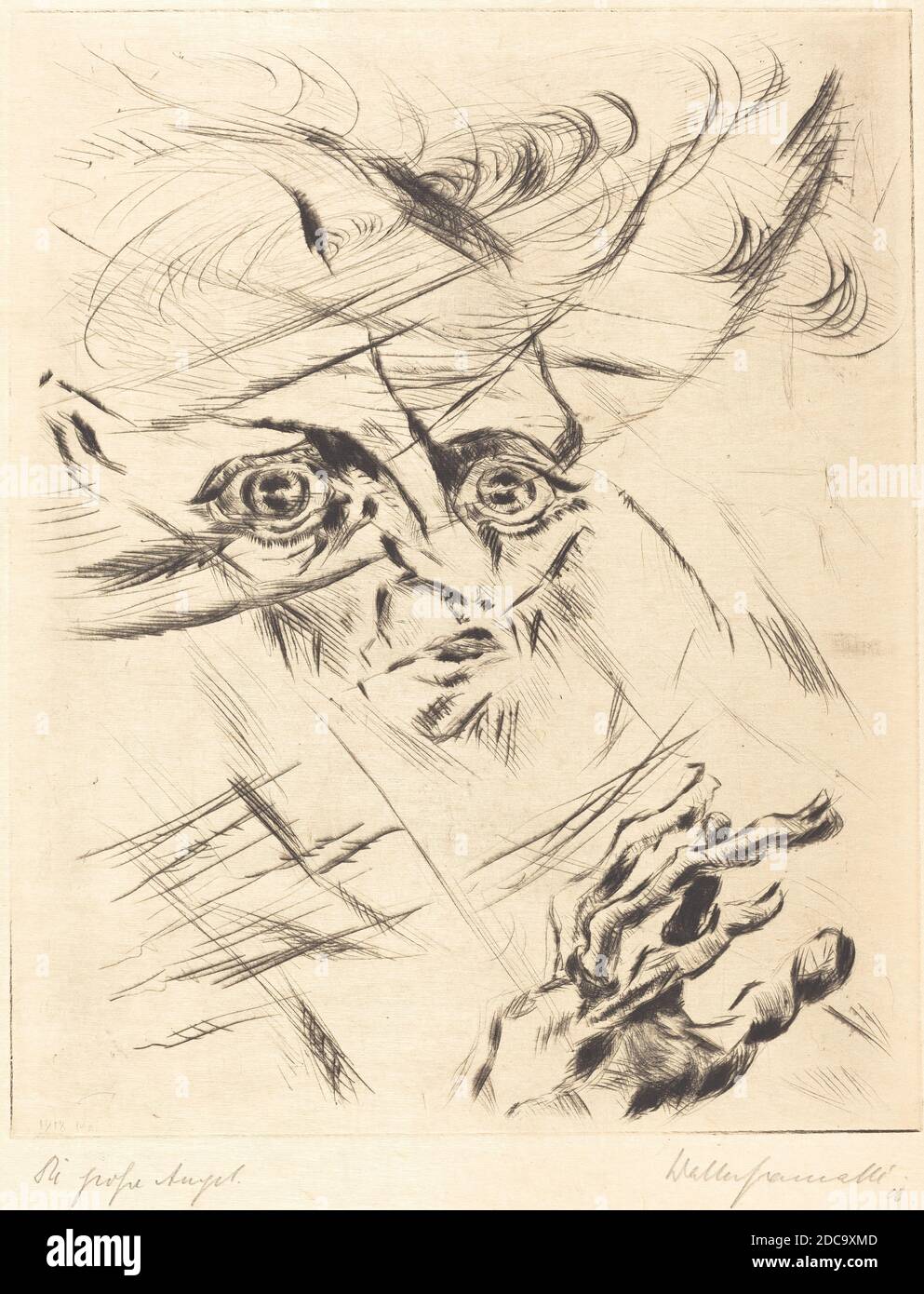 Walter Gramatté, (artist), German, 1897 - 1929, Die Grosse Angst (The Great Anxiety), 1918, drypoint in black on wove paper, similar to japan paper, plate: 29.9 x 24.1 cm (11 3/4 x 9 1/2 in.), sheet: 40.1 x 30.7 cm (15 13/16 x 12 1/16 in Stock Photo