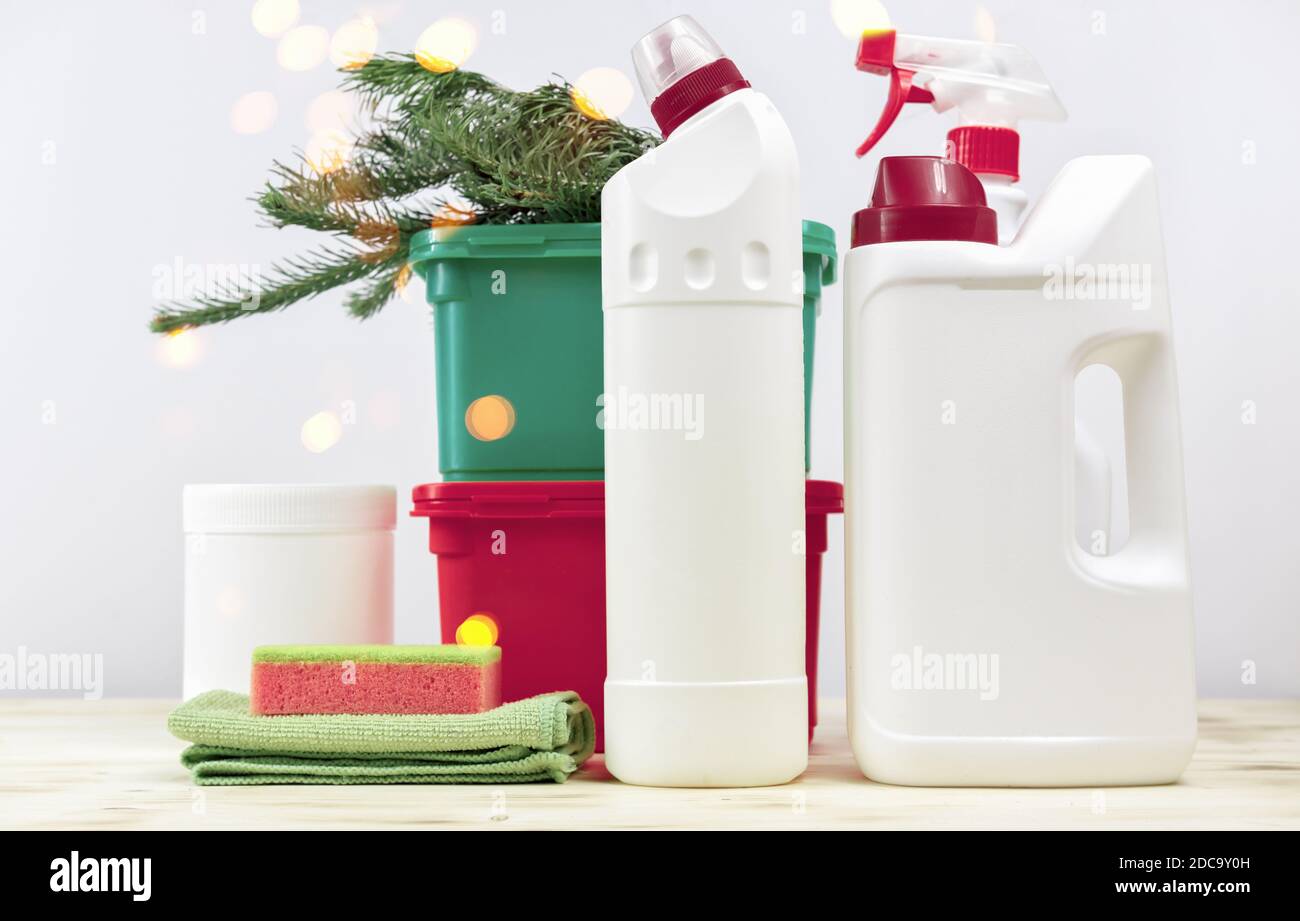 Christmas cleaning. Cleaning tools and Christmas decorations