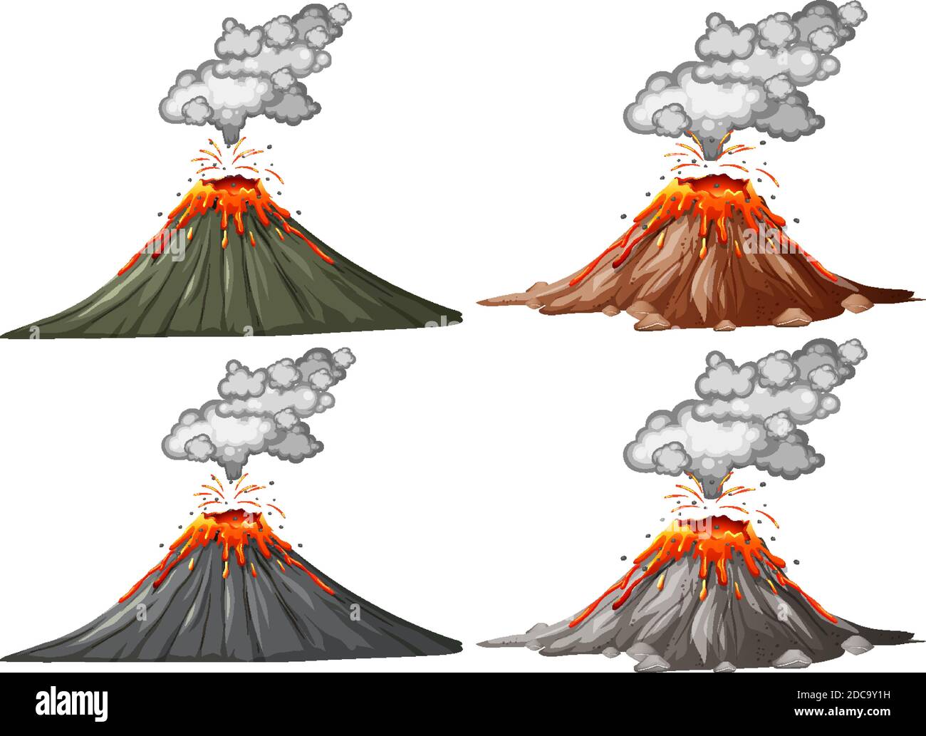 Four types of volcano eruption isolated on white background illustration Stock Vector