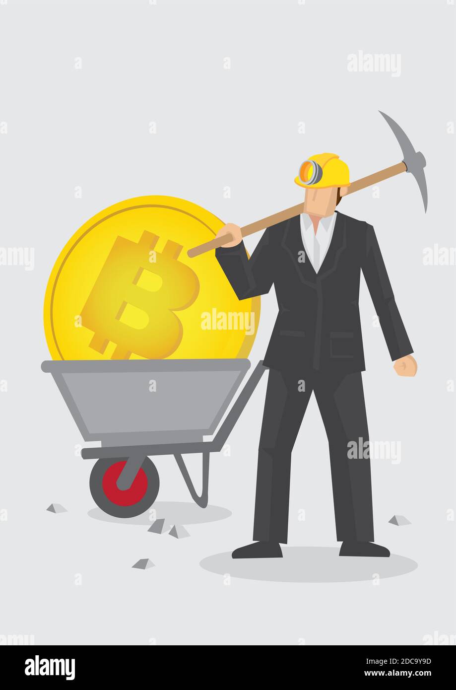 Businessmen working on digging on bitcoin. Virtual cryptocurrency mining concept. Stock Vector
