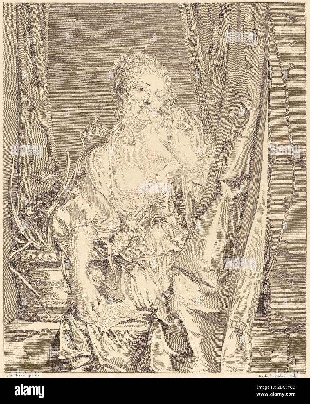 Augustin de Saint-Aubin, (artist), French, 1736 - 1807, Jean-Baptiste Greuze, (artist after), French, 1725 - 1805, Le baiser envoyé, 1771, etching and engraving Stock Photo