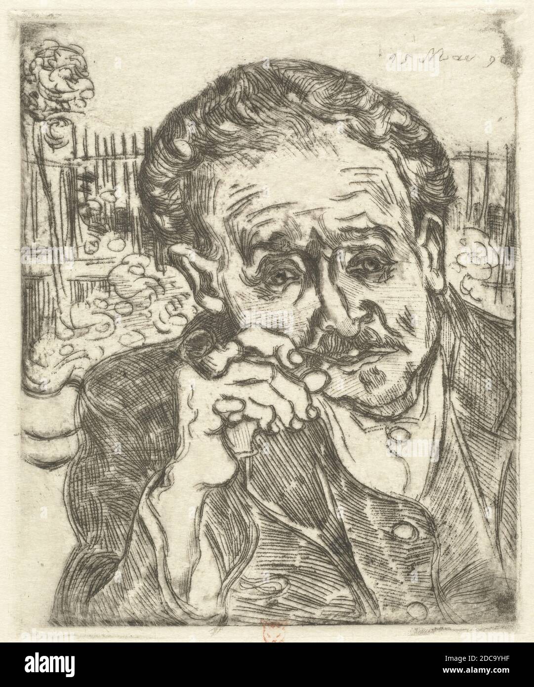 Vincent van Gogh, (artist), Dutch, 1853 - 1890, Dr. Gachet (Man with a Pipe), 1890, etching, plate: 18.2 x 15 cm (7 3/16 x 5 7/8 in.), sheet: 40.1 x 28.2 cm (15 13/16 x 11 1/8 in Stock Photo