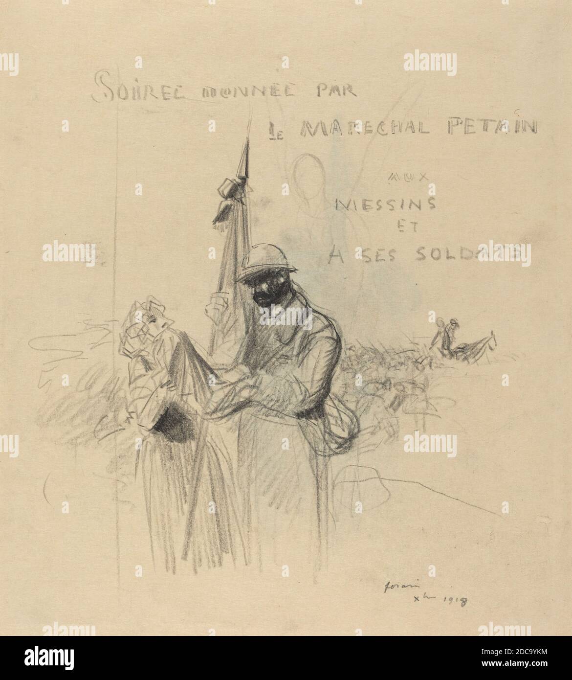 Jean-Louis Forain, (artist), French, 1852 - 1931, Le Baiser du Drapeau, 1918, black crayon on laid paper, overall: 53 x 39.4 cm (20 7/8 x 15 1/2 in Stock Photo