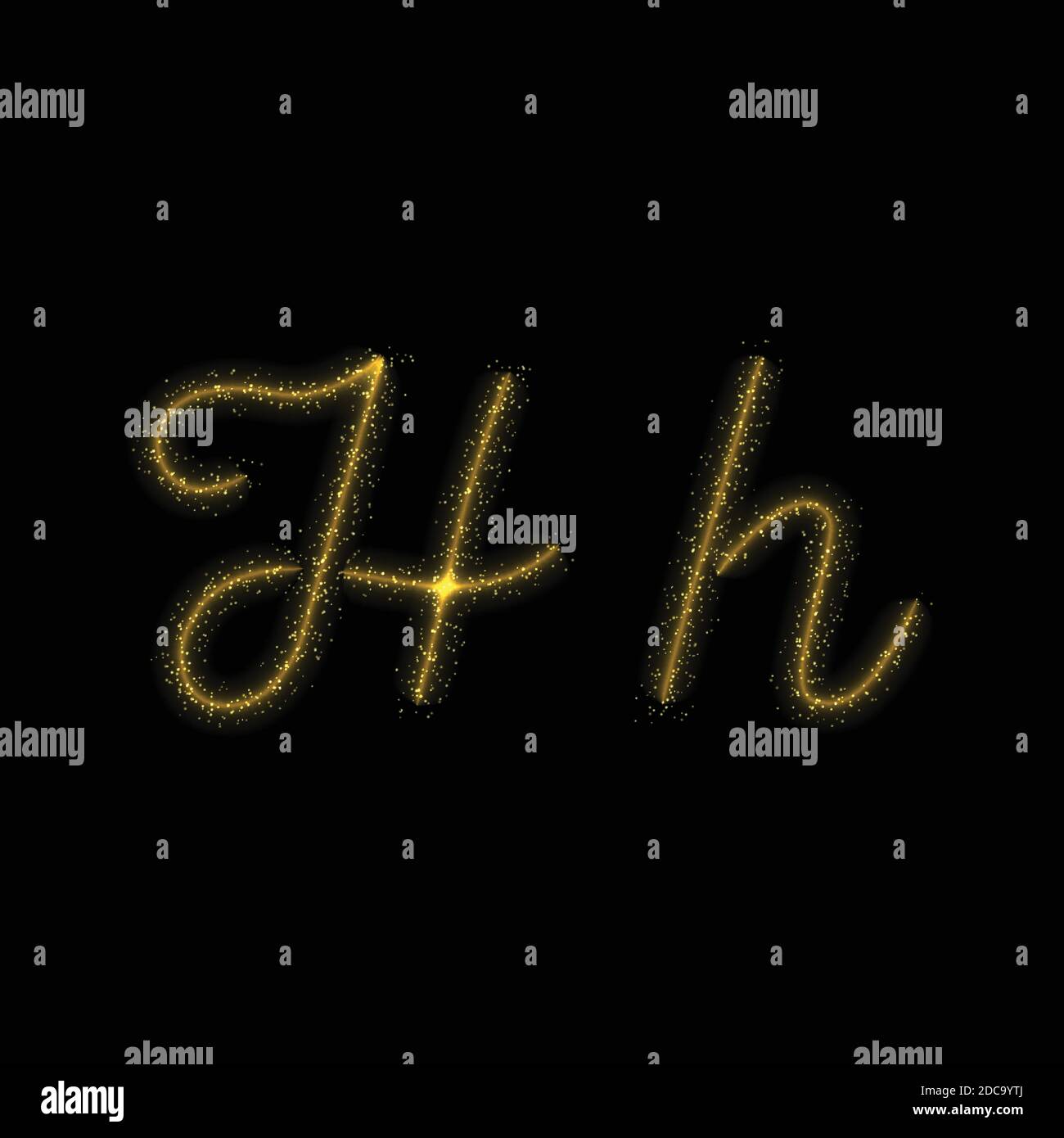 Gold glitter letter H, star sparkle trail font on dark background Stock