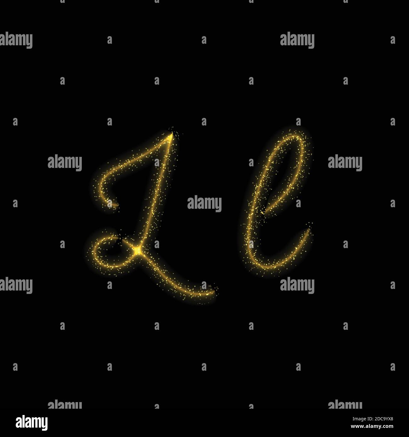 Gold glitter letter L, star sparkle trail font on dark background Stock