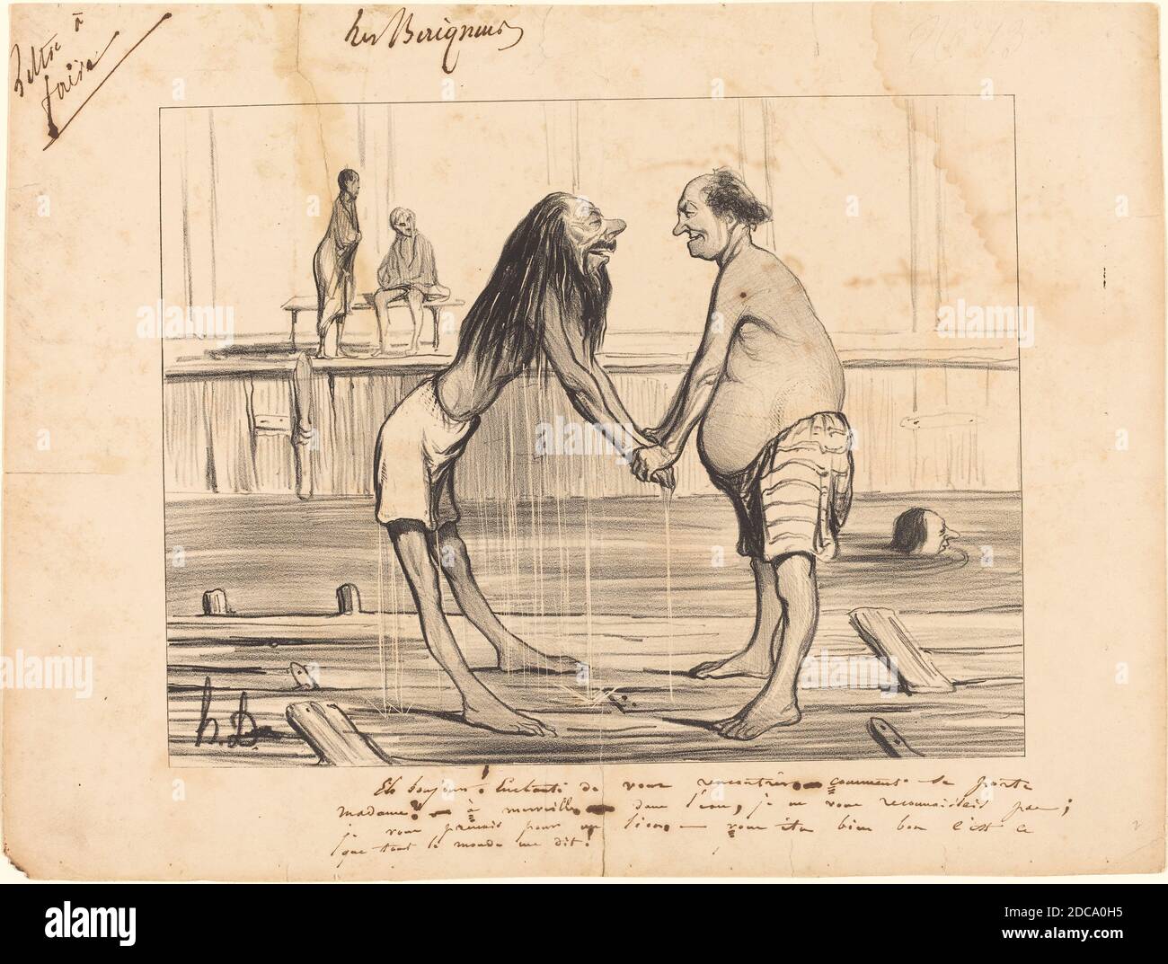Honoré Daumier, (artist), French, 1808 - 1879, Eh bonjour! enchanté de vous rencontrer..., Les Baigneurs: pl.13, (series), 1840, lithograph Stock Photo