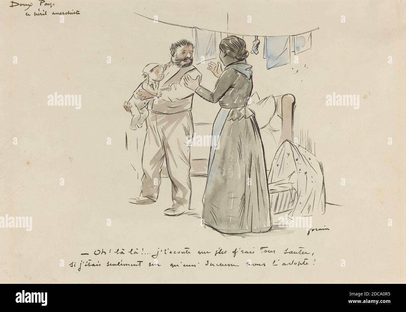 Jean-Louis Forain, (artist), French, 1852 - 1931, Le Peril Anarchiste, Doux Pays, (series), c. 1897, pen and black ink with watercolor on wove paper, overall: 25.9 x 36.2 cm (10 3/16 x 14 1/4 in Stock Photo