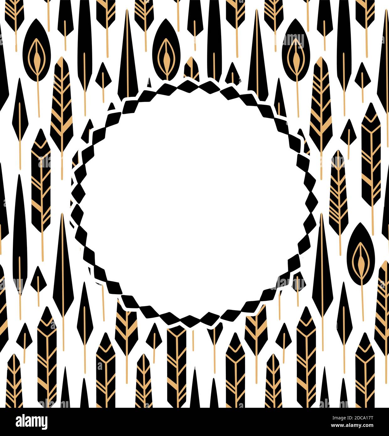 Vertical card with tribal texture with black boho feathers and gold native decorations in row and place for text on white background. Vector flat gree Stock Vector