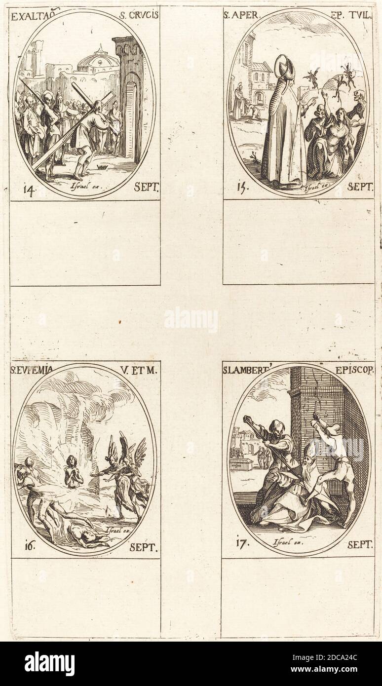 Jacques Callot, (artist), French, 1592 - 1635, Exaltation of the Holy Cross; St. Aper; St. Euphemia; St. Lambert, The Calendar of Saints, (series), etching Stock Photo