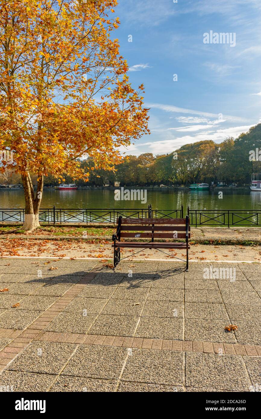 Falling colors in Ioannina city with a bench under a tree   and lake Pamvotis with  the mosque of Aslan Pasa as background as background. Stock Photo