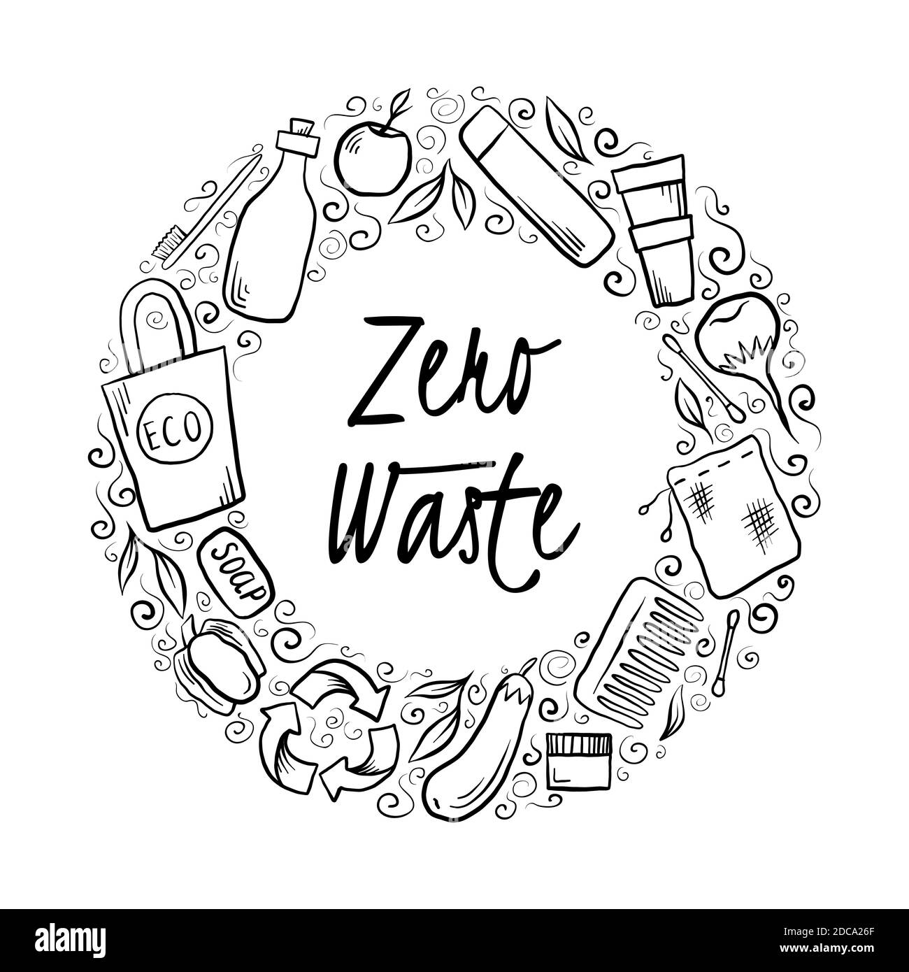 Round frame with hand drawn Zero Waste objects and lettering. The ...
