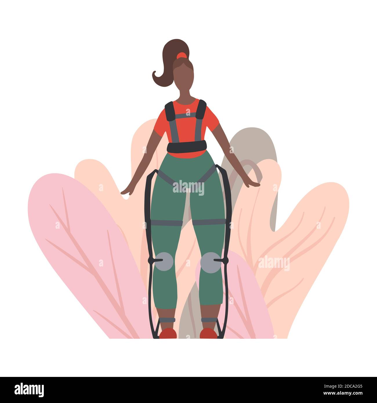 Illustration of an african woman in exosuit with abstract foliage. Medical exoskeleton to help people with disabilities. Innovation in healthcare. Vec Stock Vector