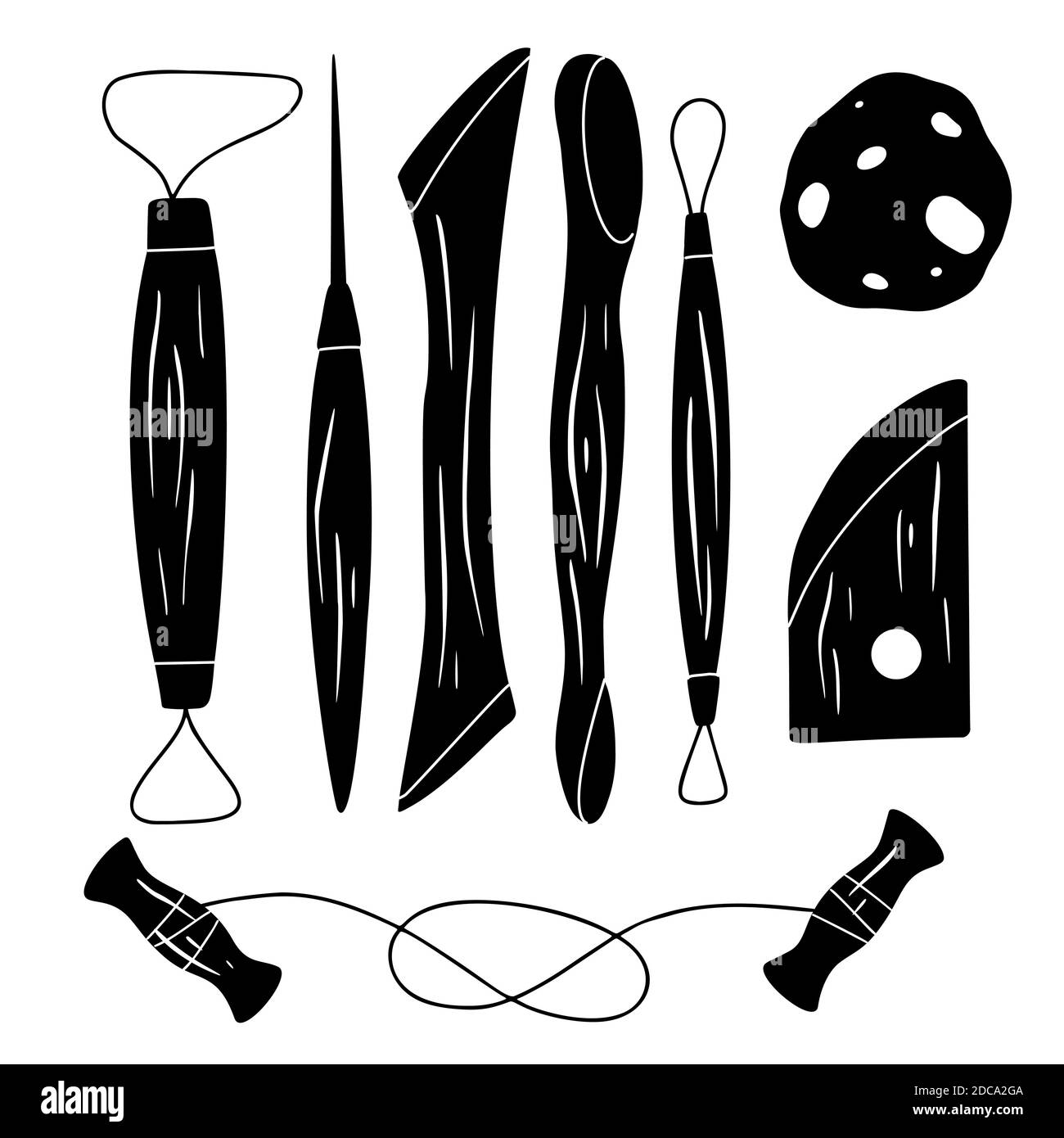 Set of black silhouette tools for pottery. Hobbies and workshop. Cutter, wire, sponge. The object is separate from the background. Vector cartoon elem Stock Vector