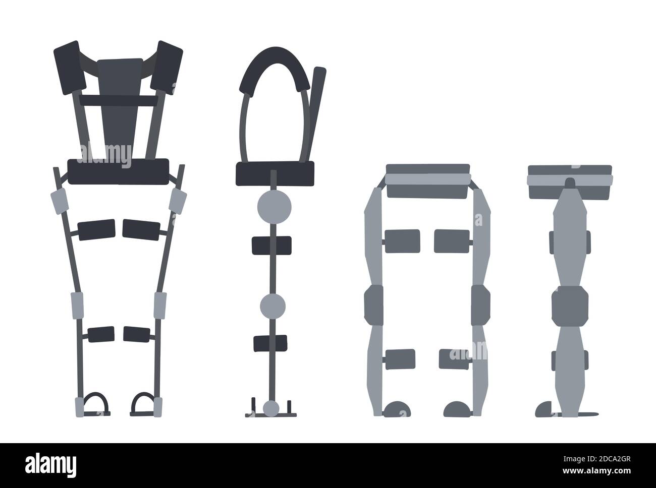 Set of flat medical exoskeleton isolated on a white background. Help for people with disabilities. The future and innovation. Vector exosuit. Stock Vector