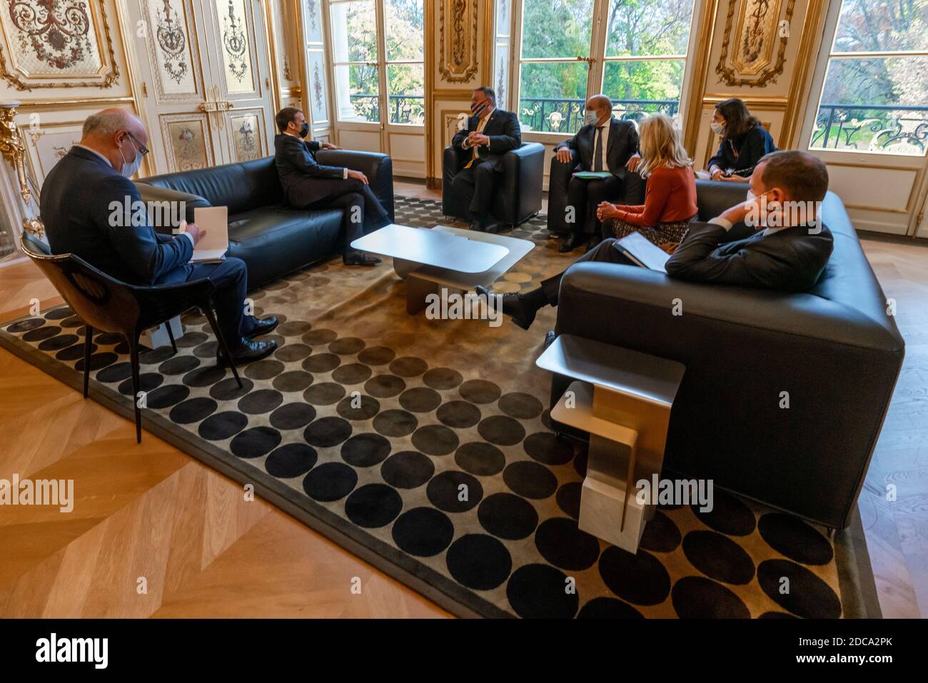 PARIS, FRANCE - 16 November 2020 - US Secretary of State Michael R. Pompeo bids farewell to French President Emmanuel Macron following their meeting i Stock Photo