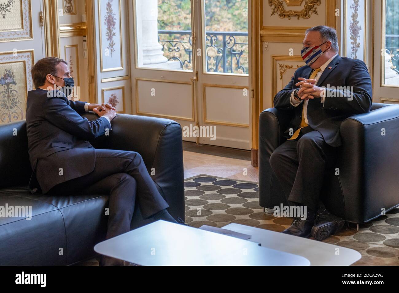 PARIS, FRANCE - 16 November 2020 - US Secretary of State Michael R. Pompeo bids farewell to French President Emmanuel Macron following their meeting i Stock Photo