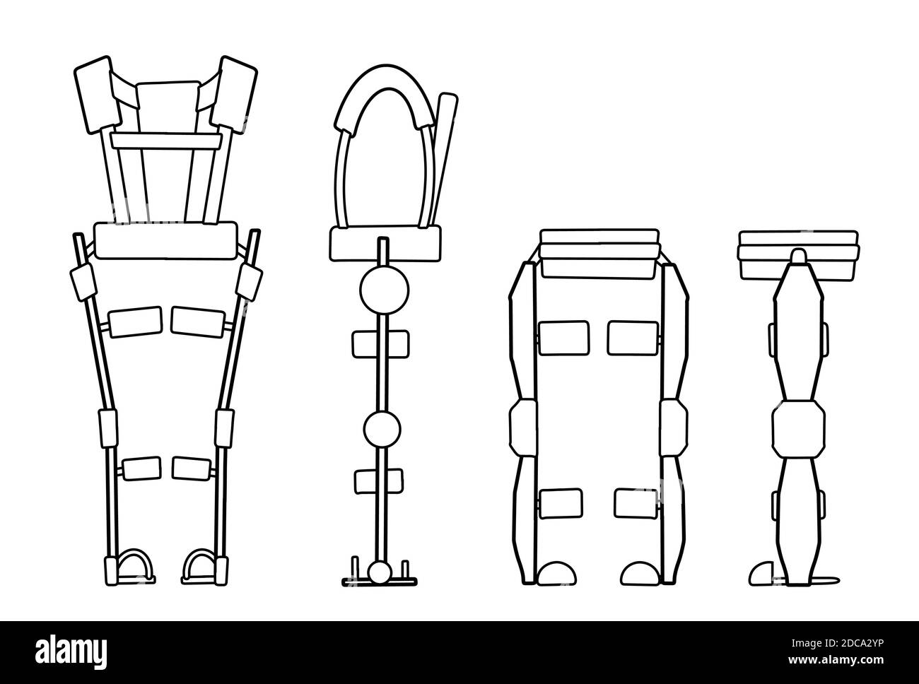 Set of outline medical exoskeleton isolated on a white background. Help for people with disabilities. The future and innovation. Vector exosuit. Conto Stock Vector