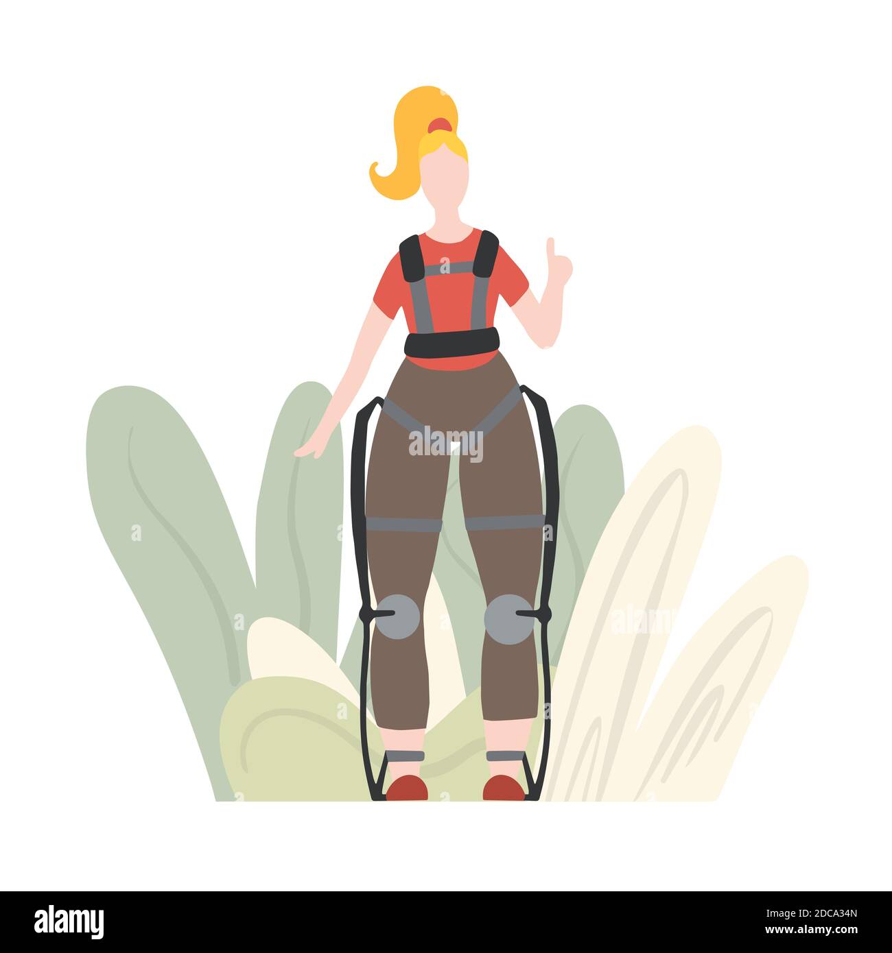 Illustration of white woman in exosuit with abstract foliage. Medical exoskeleton to help people with disabilities. Innovation in healthcare. Vector i Stock Vector