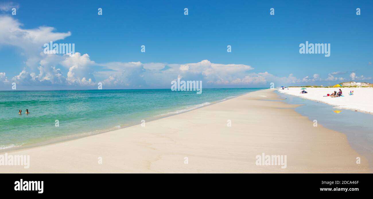 panorama of blue sea and white sand on beach at Biloxi Mississippi USA Stock Photo