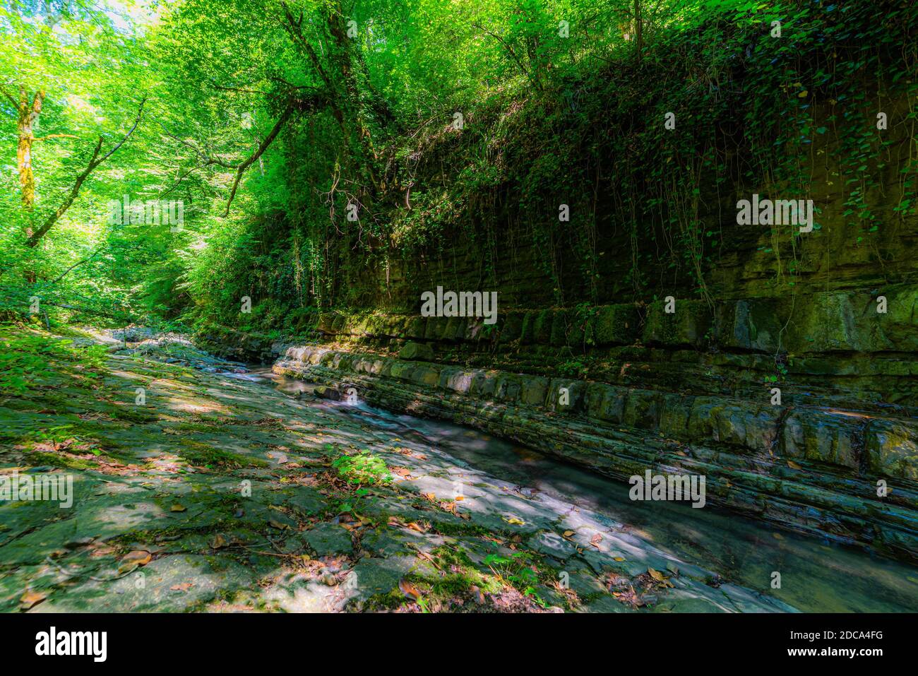 Textures of various stone layers in mountain river Stock Photo