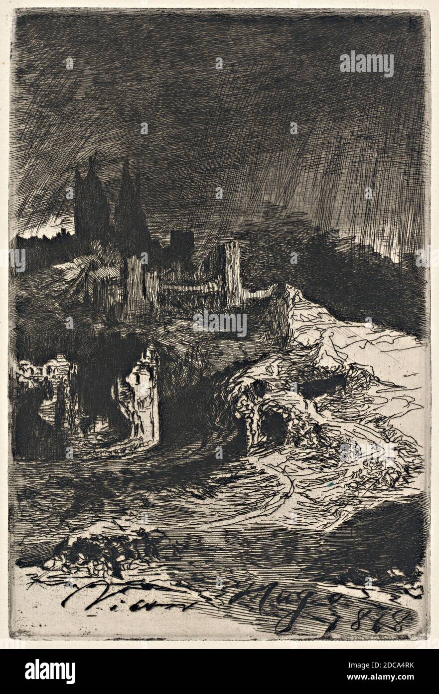 Victor Hugo, (artist), French, 1802 - 1885, Landscape, 1868, etching Stock Photo
