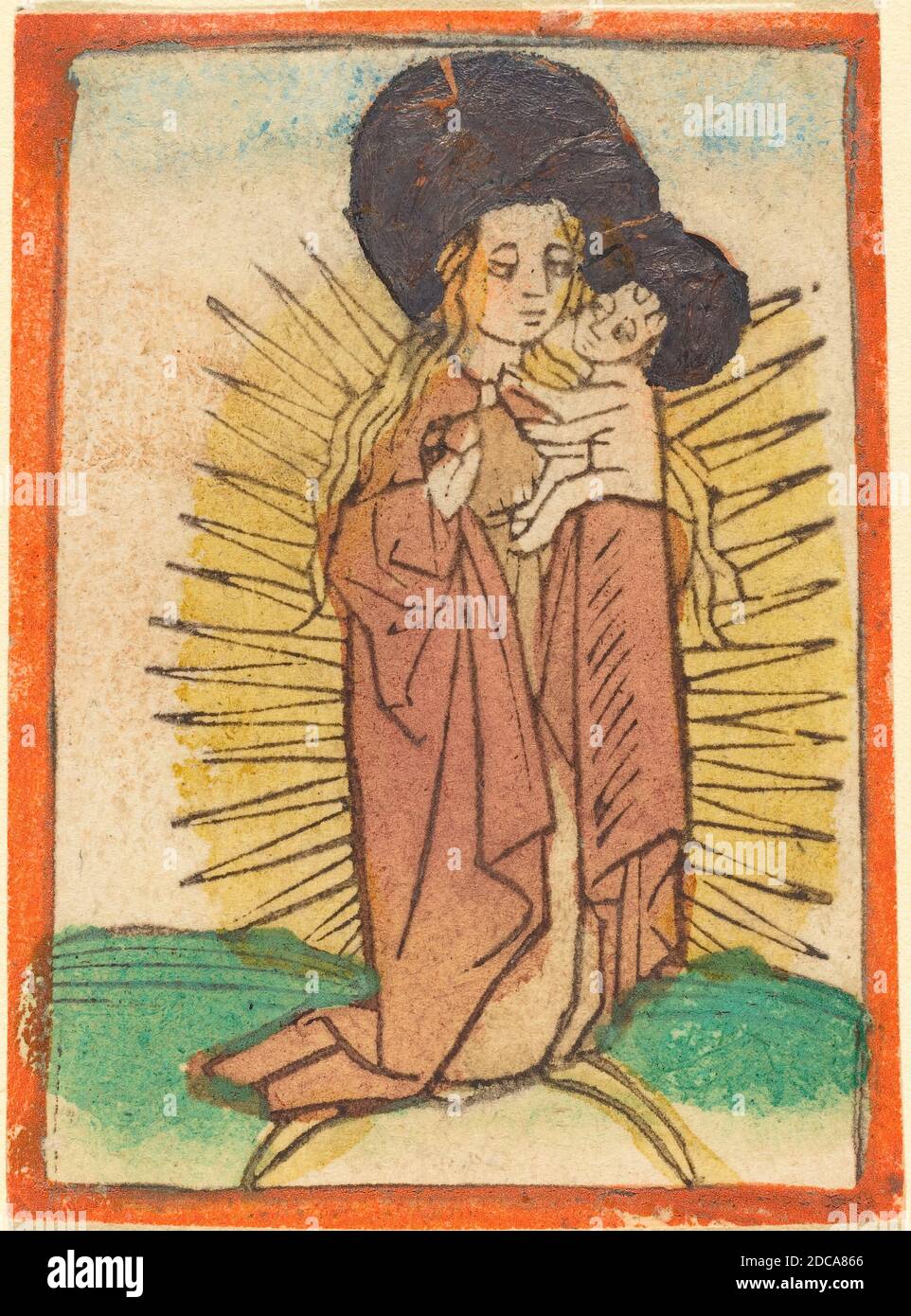 German 15th Century, (artist), Madonna and Child in a Glory Standing on a Crescent Moon, c. 1470, woodcut in dark brown, hand-colored in rose, green, yellow, blue, brown, gold, and orange Stock Photo