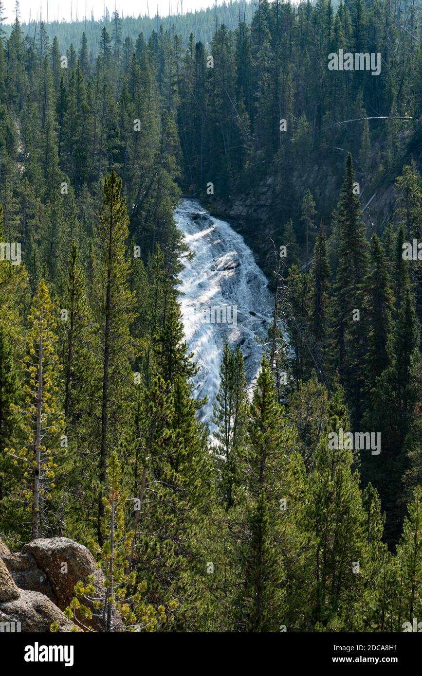 The Virginia Cascades are a cascade type waterfall on the Gibbon River in Yellowstone National Park in Wyoming, USA. Stock Photo