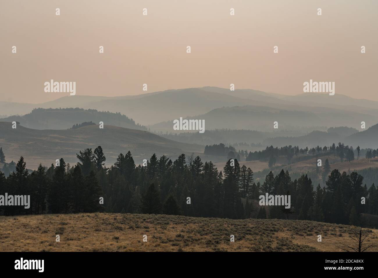Absaroka Mountain Range in Yellowstone National Park in Wyoming, USA.  The hazy skies are smoky from wildfires in the West. Stock Photo