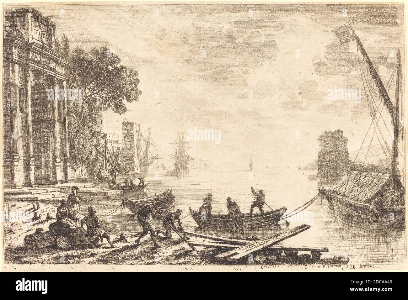 Claude Lorrain, (artist), French, 1604/1605 - 1682, Harbor Scene with Rising Sun (Le soleil levant), 1634, etching Stock Photo