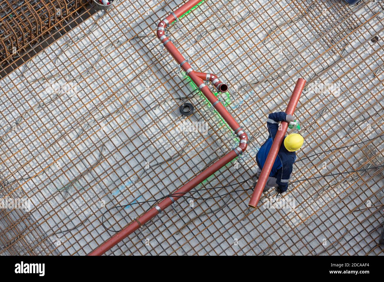 aerial view of sewer pipe in the reinforcement of construction site Stock Photo