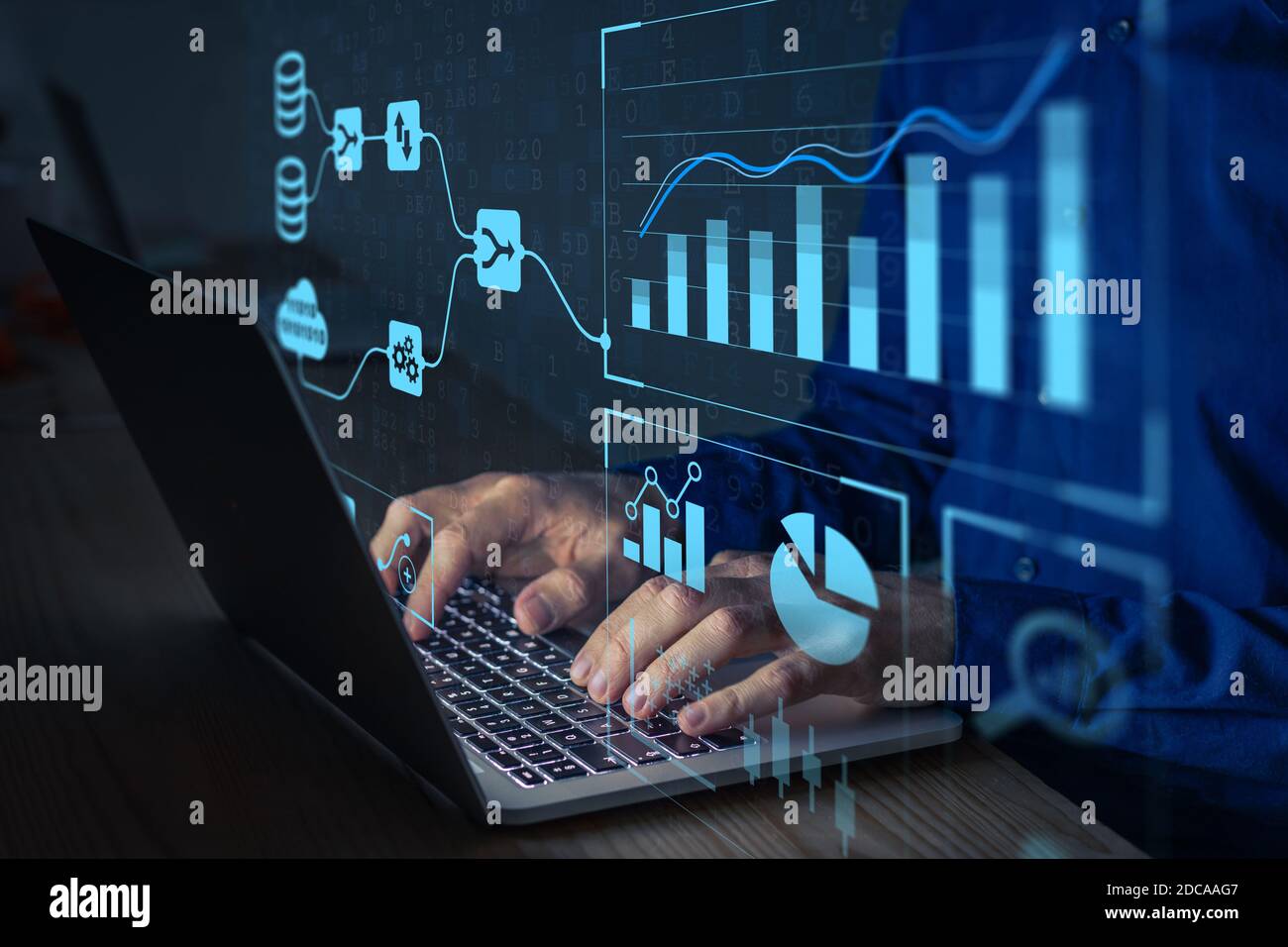 Analyst working with Business Analytics and Data Management System on computer to make report with KPI and metrics connected to database. Corporate st Stock Photo