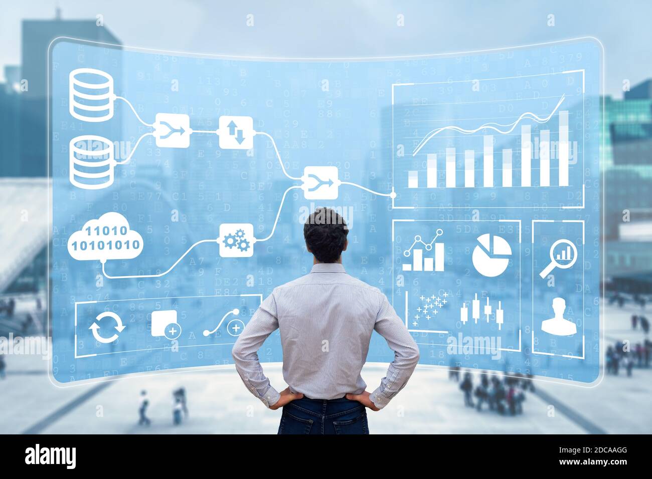 Business Analytics and Data Management System (DMS) giving key insights for corporate strategy. Concept with expert analyst building visualization wit Stock Photo