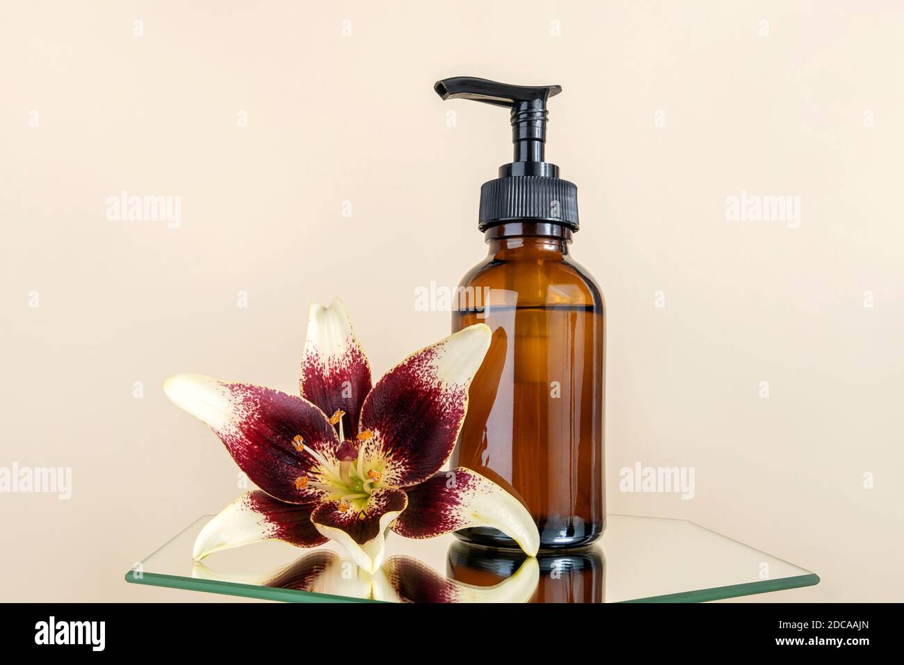 Brown glass bottle with pump of cosmetic products and lily flower on mirror, beige background. Natural Organic Spa Beauty Cosmetic concept Mockup. Stock Photo