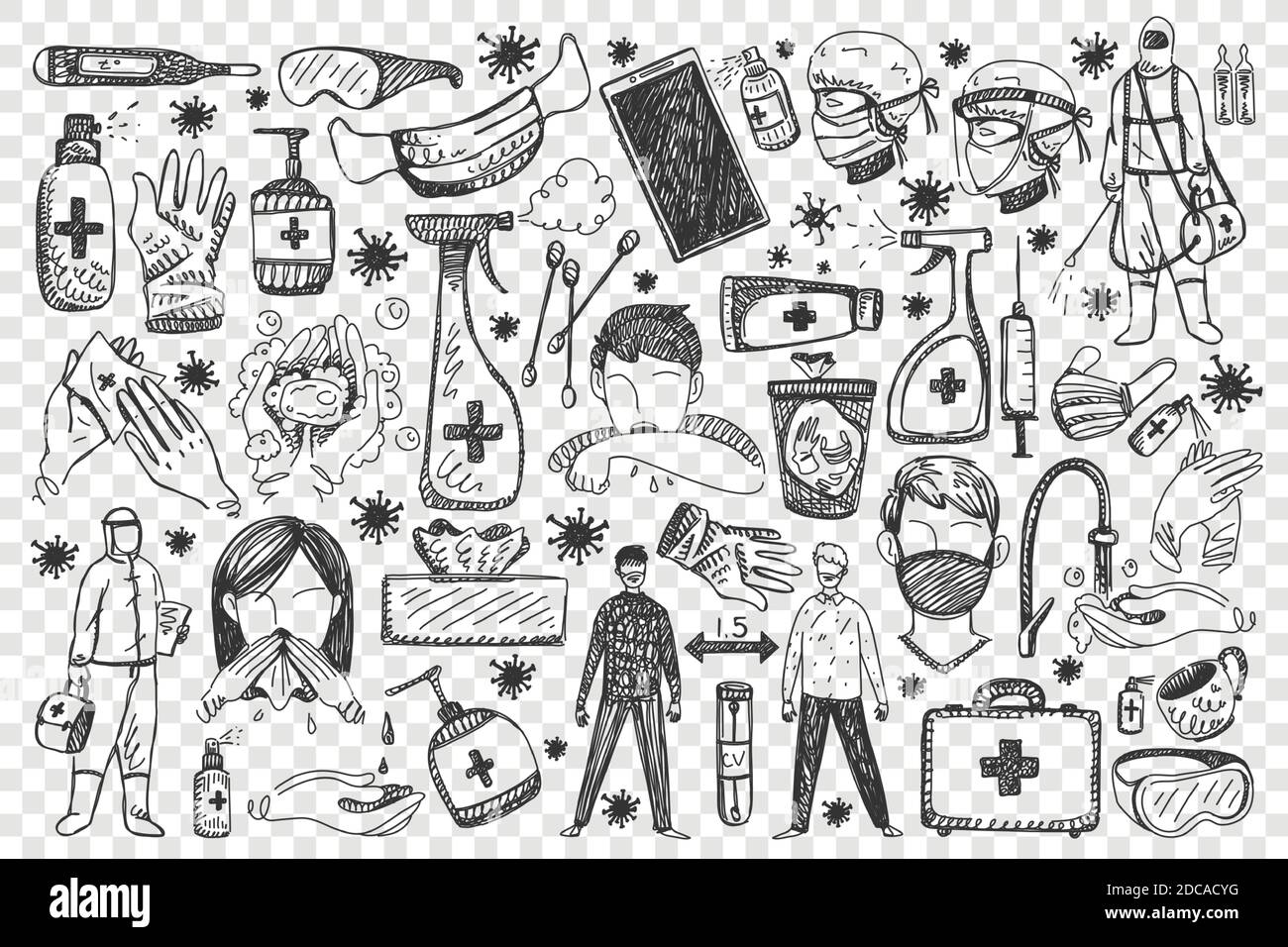 Coronavirus doodle set. Collection of hand drawn people with medical ...