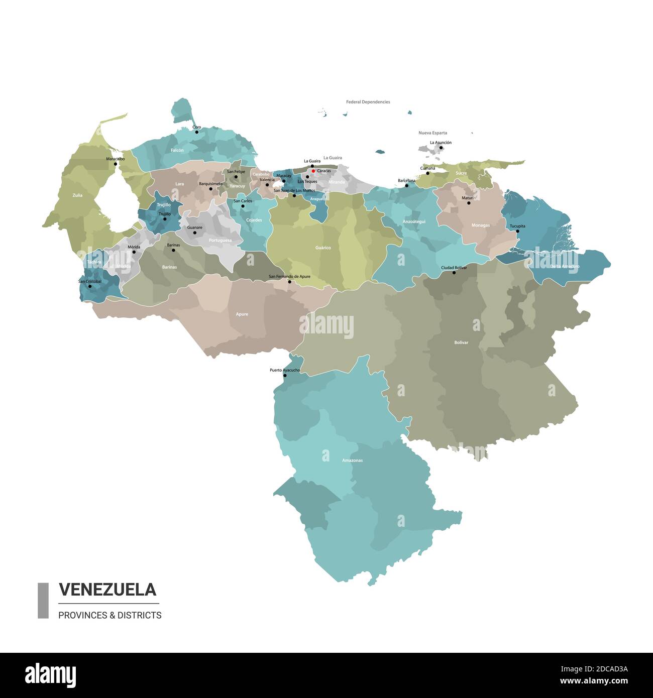 Venezuela higt detailed map with subdivisions. Administrative map of Venezuela with districts and cities name, colored by states and administrative di Stock Vector